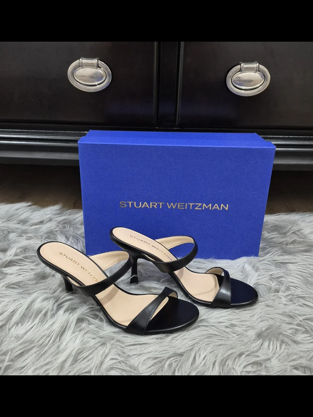 STUART WEITZMAM Nudist Slide 85 Black Suede Strappy High-Heel Sandals Size 7.5B